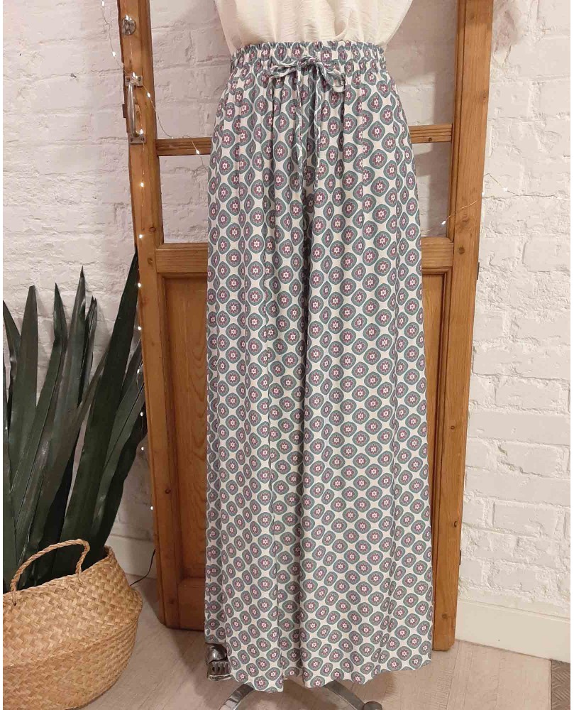 PANTALON RETRO FLORES MALVA Y AZUL TELA HUESO